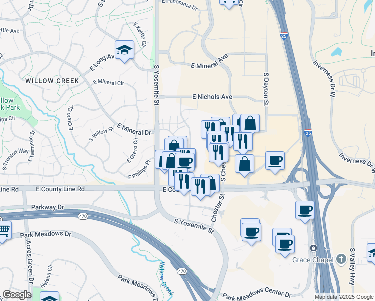 map of restaurants, bars, coffee shops, grocery stores, and more near 9090 East Phillips Lane in Centennial