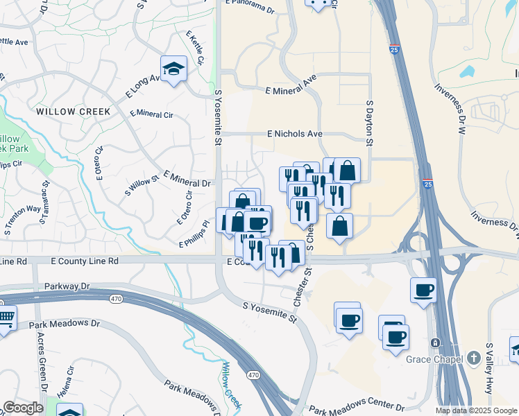 map of restaurants, bars, coffee shops, grocery stores, and more near 9086 East Phillips Lane in Centennial