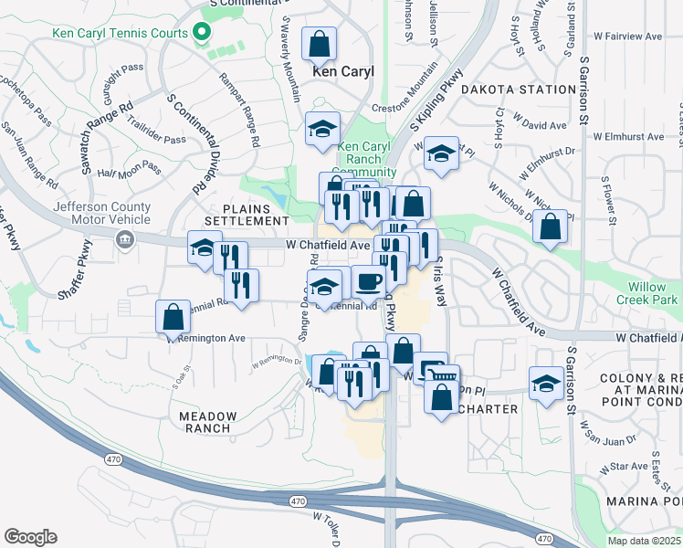 map of restaurants, bars, coffee shops, grocery stores, and more near 10248 West Chatfield Avenue in Littleton