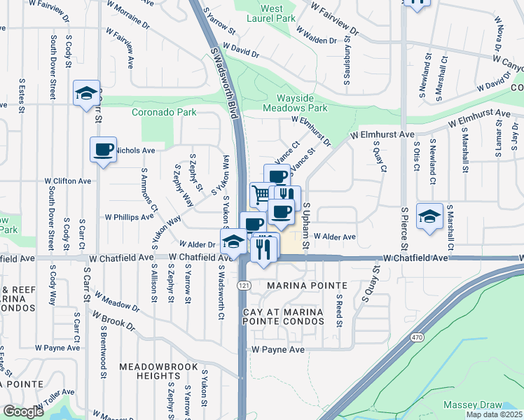 map of restaurants, bars, coffee shops, grocery stores, and more near 8156 South Wadsworth Boulevard in Littleton