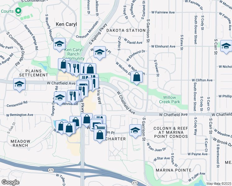 map of restaurants, bars, coffee shops, grocery stores, and more near 84F West Chatfield Avenue in Littleton