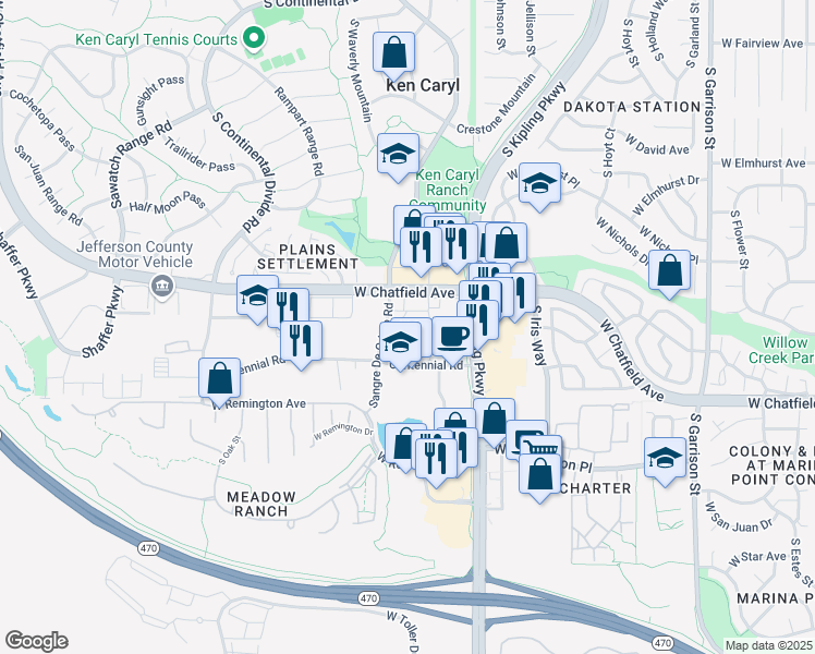 map of restaurants, bars, coffee shops, grocery stores, and more near 10248 West Chatfield Avenue in Littleton