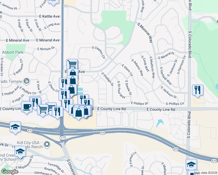 map of restaurants, bars, coffee shops, grocery stores, and more near 8158 South Fillmore Way in Centennial