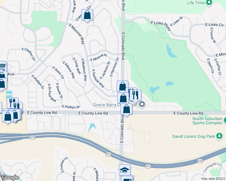 map of restaurants, bars, coffee shops, grocery stores, and more near 8171 South Harrison Circle in Centennial