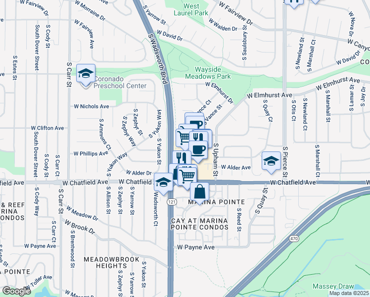 map of restaurants, bars, coffee shops, grocery stores, and more near 8156 South Wadsworth Boulevard in Littleton