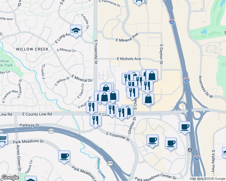 map of restaurants, bars, coffee shops, grocery stores, and more near 9090 East Phillips Lane in Centennial
