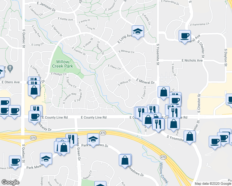 map of restaurants, bars, coffee shops, grocery stores, and more near 8494 East Otero Circle in Centennial