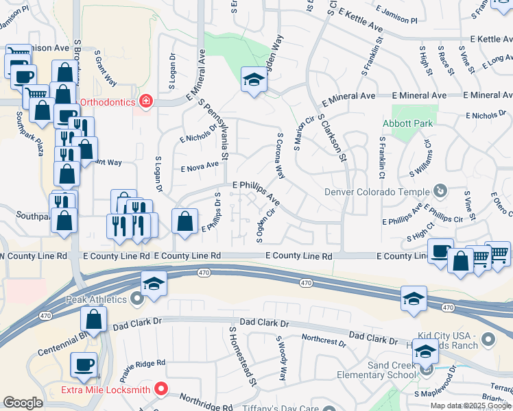 map of restaurants, bars, coffee shops, grocery stores, and more near 944 East Phillips Lane in Centennial