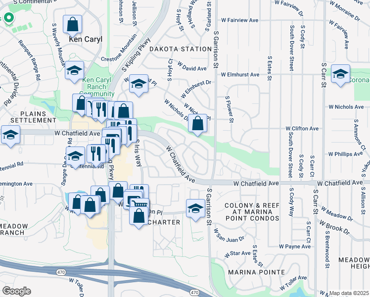 map of restaurants, bars, coffee shops, grocery stores, and more near 9603 West Chatfield Avenue in Littleton