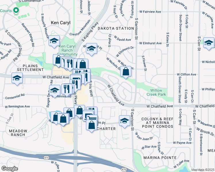 map of restaurants, bars, coffee shops, grocery stores, and more near 84F West Chatfield Avenue in Littleton