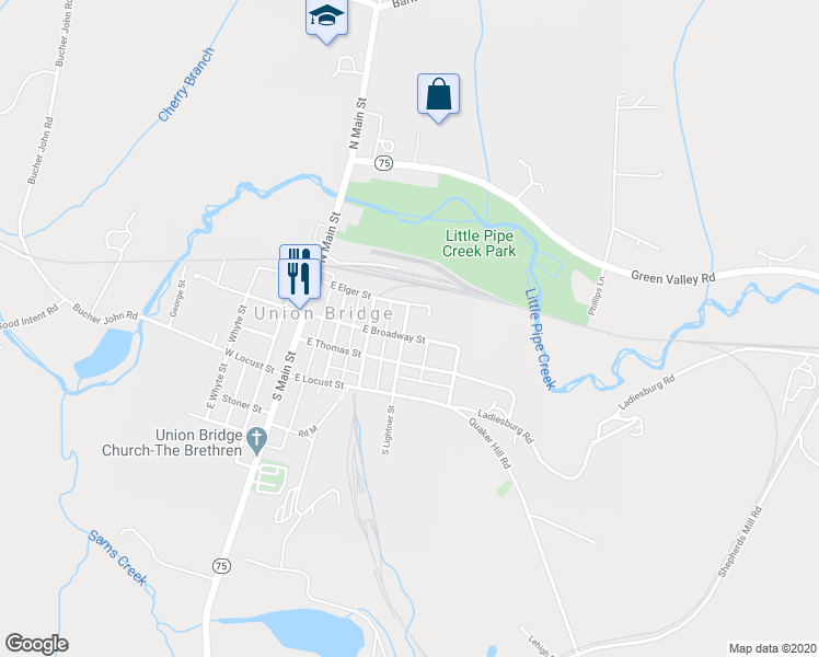 map of restaurants, bars, coffee shops, grocery stores, and more near 301 East Broadway Street in Union Bridge