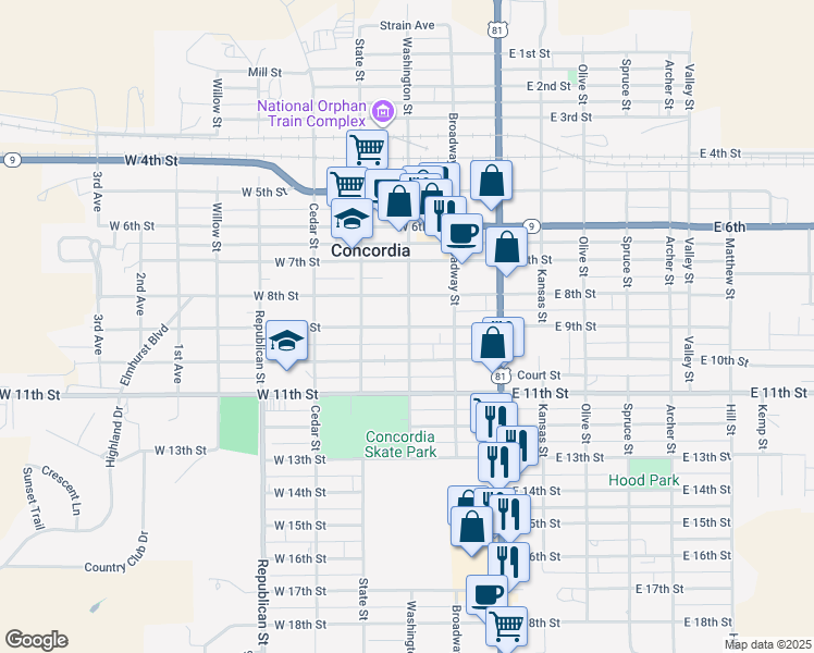 map of restaurants, bars, coffee shops, grocery stores, and more near 100-198 West 9th Street in Concordia