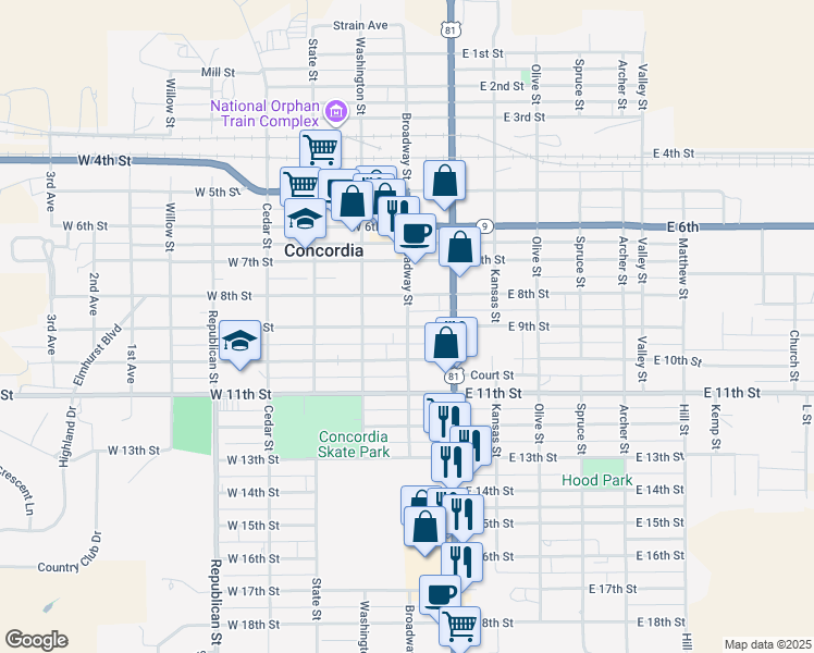 map of restaurants, bars, coffee shops, grocery stores, and more near 100 West 9th Street in Concordia