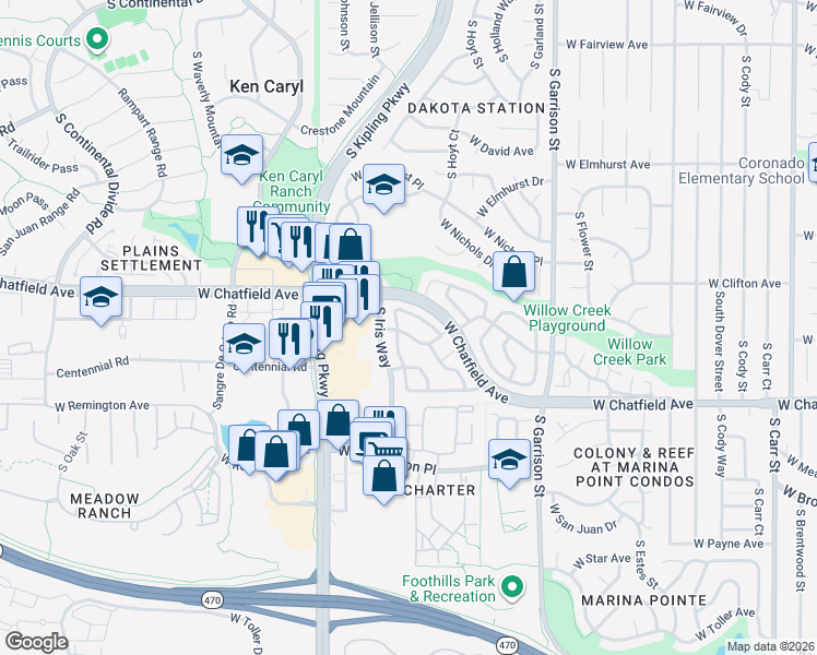 map of restaurants, bars, coffee shops, grocery stores, and more near 9654 West Chatfield Avenue in Littleton