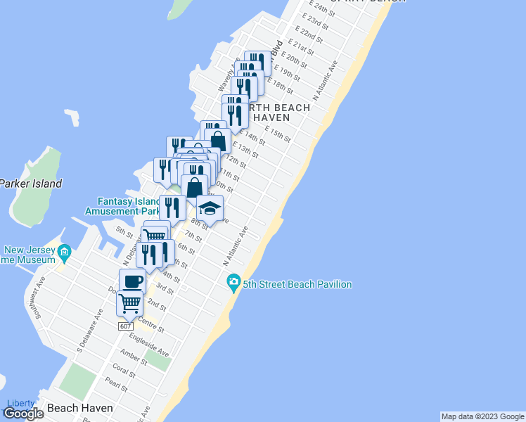 map of restaurants, bars, coffee shops, grocery stores, and more near 22 10th Street in Beach Haven