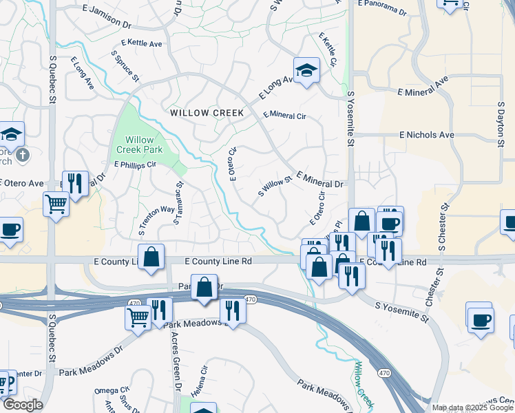 map of restaurants, bars, coffee shops, grocery stores, and more near 8494 East Otero Circle in Centennial