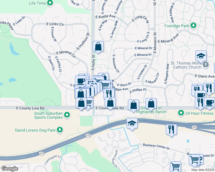 map of restaurants, bars, coffee shops, grocery stores, and more near 5760 East Otero Avenue in Centennial