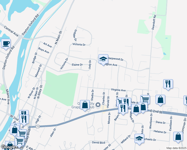 map of restaurants, bars, coffee shops, grocery stores, and more near 119 Stadia Drive in Franklin