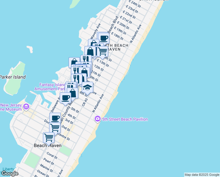 map of restaurants, bars, coffee shops, grocery stores, and more near 22 10th Street in Beach Haven