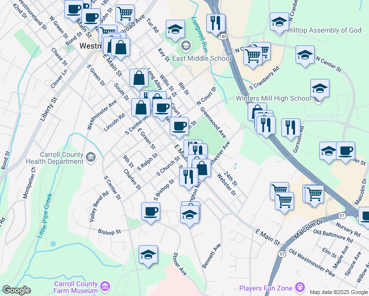 map of restaurants, bars, coffee shops, grocery stores, and more near 249 East Main Street in Westminster