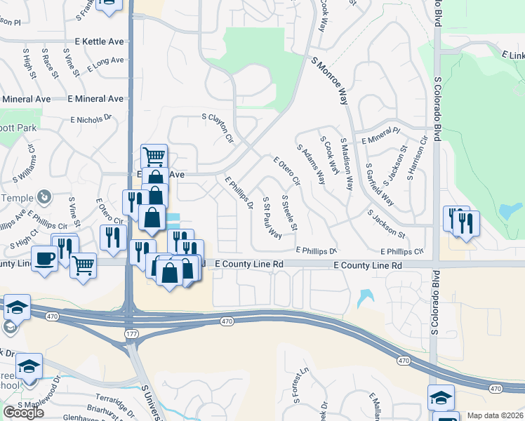 map of restaurants, bars, coffee shops, grocery stores, and more near 8162 South Saint Paul Way in Centennial