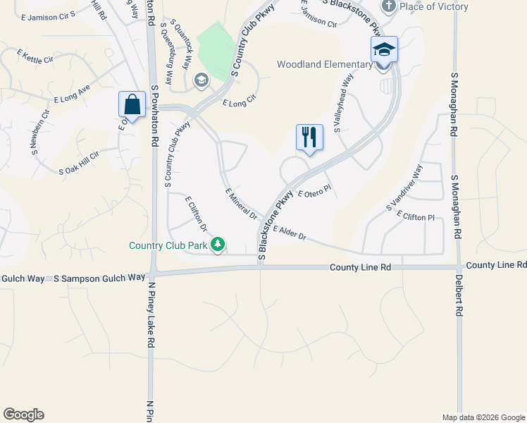map of restaurants, bars, coffee shops, grocery stores, and more near 8169 South Blackstone Parkway in Aurora