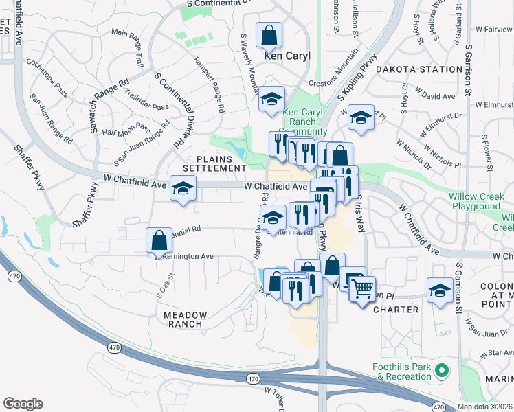 map of restaurants, bars, coffee shops, grocery stores, and more near 8341 Sangre De Cristo Road in Littleton