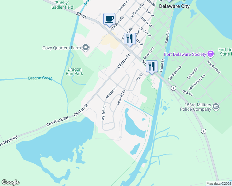 map of restaurants, bars, coffee shops, grocery stores, and more near 107 Clark Cir in Delaware City