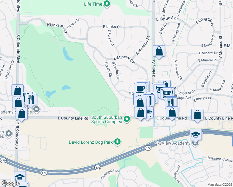 map of restaurants, bars, coffee shops, grocery stores, and more near 5258 East Otero Circle in Centennial