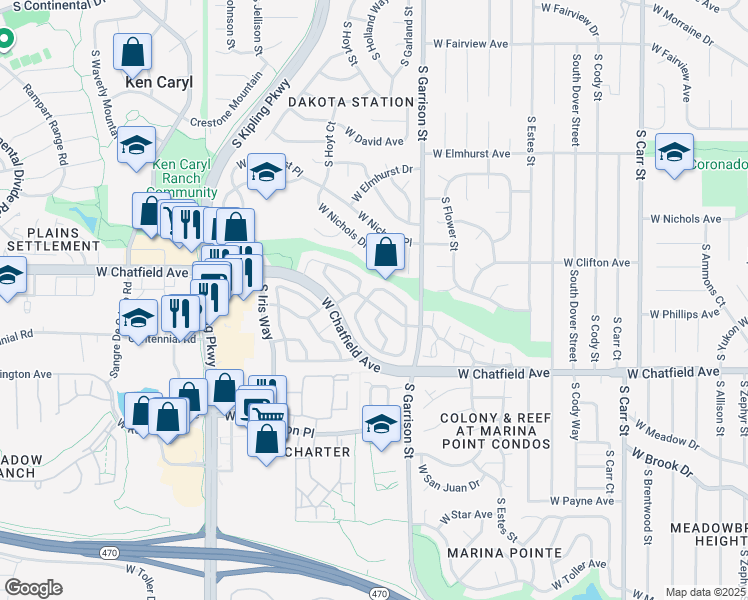 map of restaurants, bars, coffee shops, grocery stores, and more near 9603 West Chatfield Avenue in Littleton