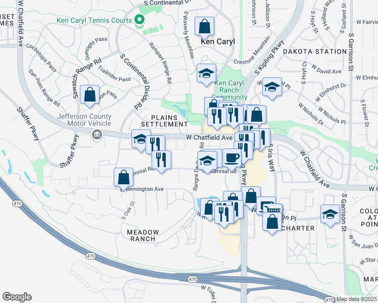map of restaurants, bars, coffee shops, grocery stores, and more near 8341 Sangre De Cristo Road in Littleton