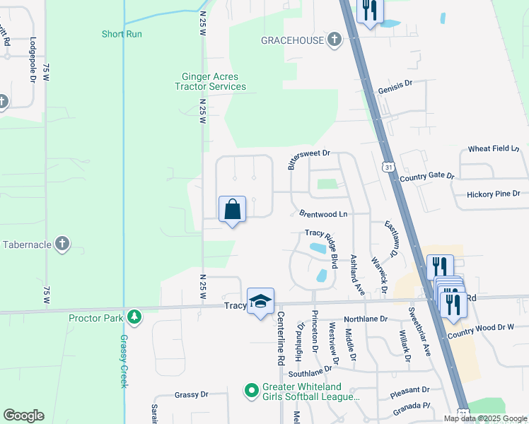 map of restaurants, bars, coffee shops, grocery stores, and more near 18 Hilltop Farms Boulevard in New Whiteland