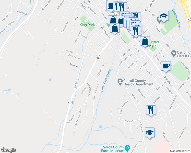 map of restaurants, bars, coffee shops, grocery stores, and more near 215 Goodwins Quarry Rd in Westminster