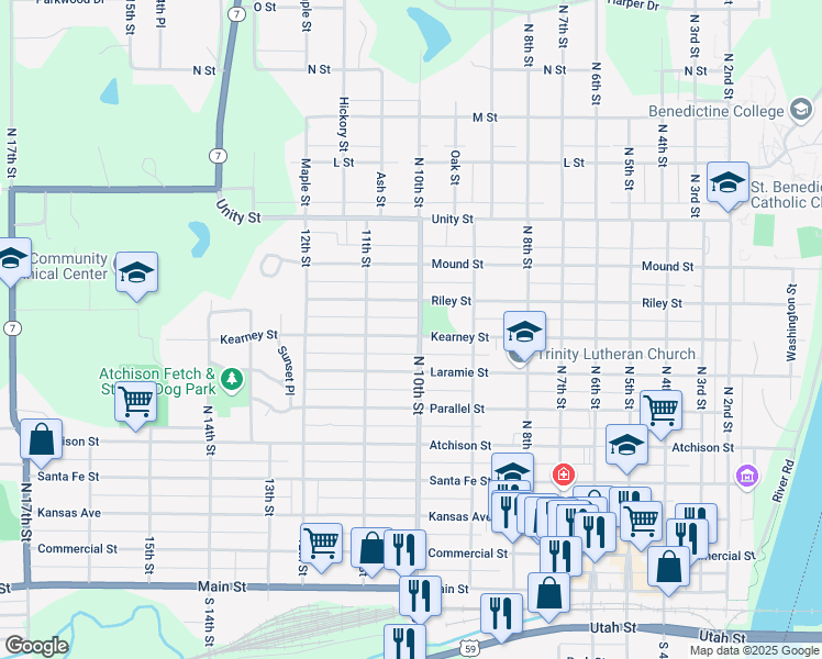 map of restaurants, bars, coffee shops, grocery stores, and more near 620 North 10th Street in Atchison