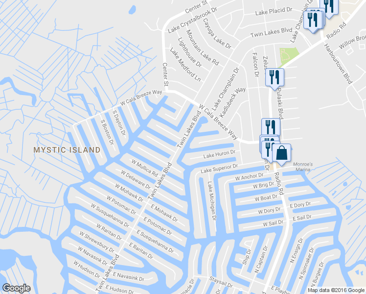 map of restaurants, bars, coffee shops, grocery stores, and more near 441 Twin Lakes Boulevard in Little Egg Harbor Township