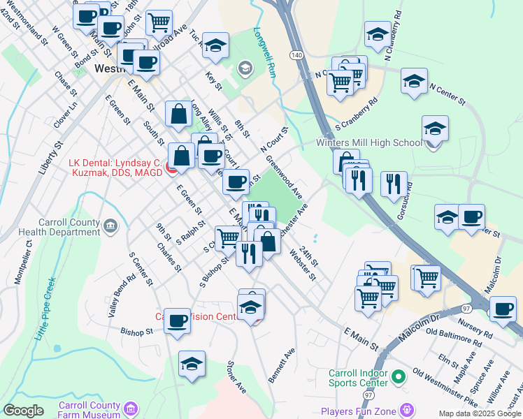 map of restaurants, bars, coffee shops, grocery stores, and more near 17 N Church St in Westminster