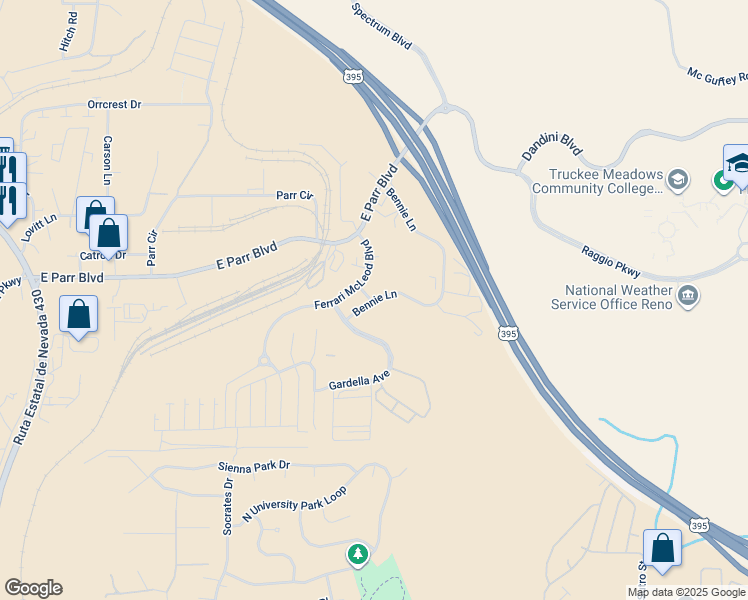 map of restaurants, bars, coffee shops, grocery stores, and more near 1000 Bennie Lane in Reno