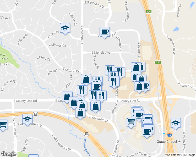 map of restaurants, bars, coffee shops, grocery stores, and more near 9090 East Phillips Lane in Centennial