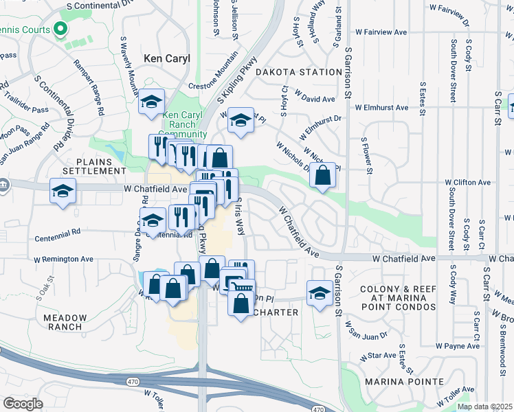 map of restaurants, bars, coffee shops, grocery stores, and more near 9654 West Chatfield Avenue in Littleton