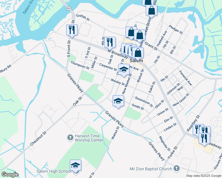 map of restaurants, bars, coffee shops, grocery stores, and more near 103 Chestnut Street in Salem