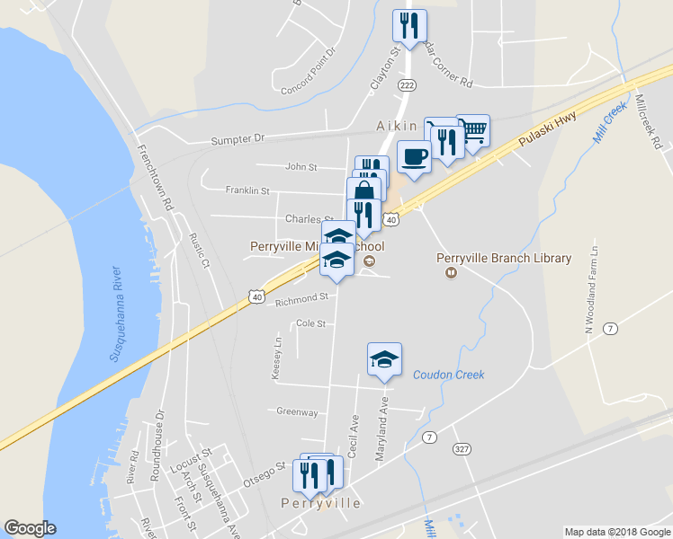 map of restaurants, bars, coffee shops, grocery stores, and more near 745 Aiken Avenue in Perryville