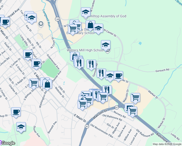 map of restaurants, bars, coffee shops, grocery stores, and more near 500 Gorsuch Road in Westminster