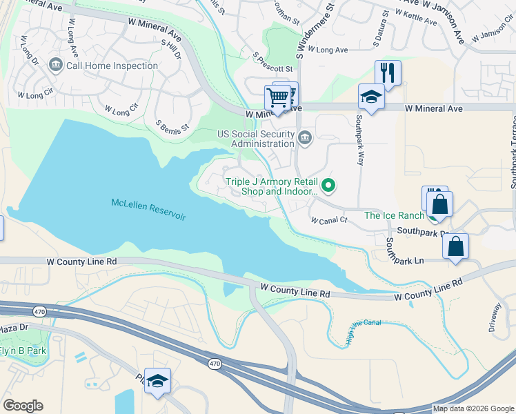 map of restaurants, bars, coffee shops, grocery stores, and more near 1824 West Cape Cod Way in Littleton