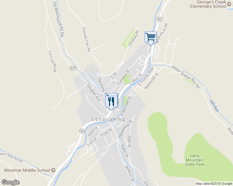 map of restaurants, bars, coffee shops, grocery stores, and more near 11 Dutch Row in Lonaconing