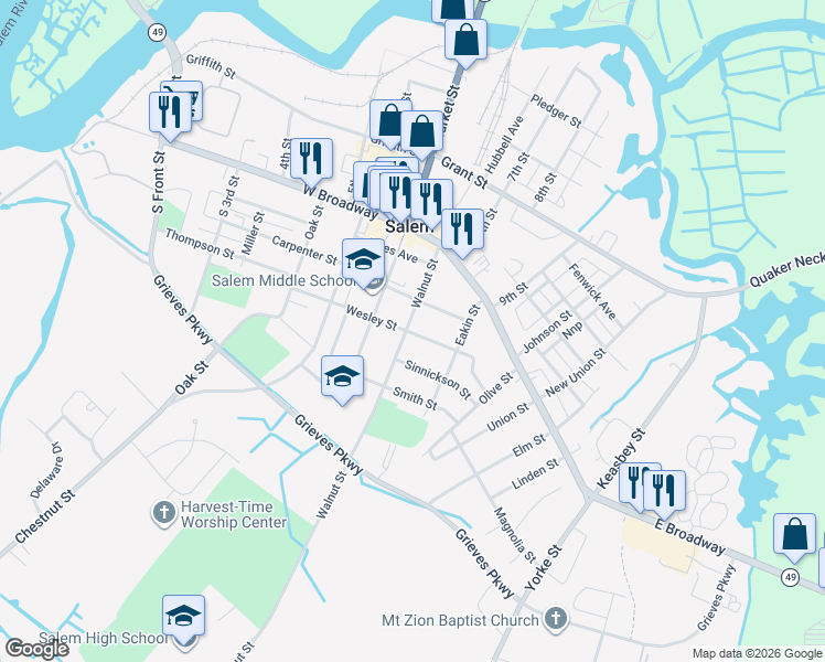 map of restaurants, bars, coffee shops, grocery stores, and more near 207 Wesley Street in Salem