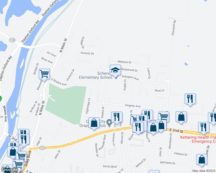 map of restaurants, bars, coffee shops, grocery stores, and more near 122 Stadia Drive in Franklin