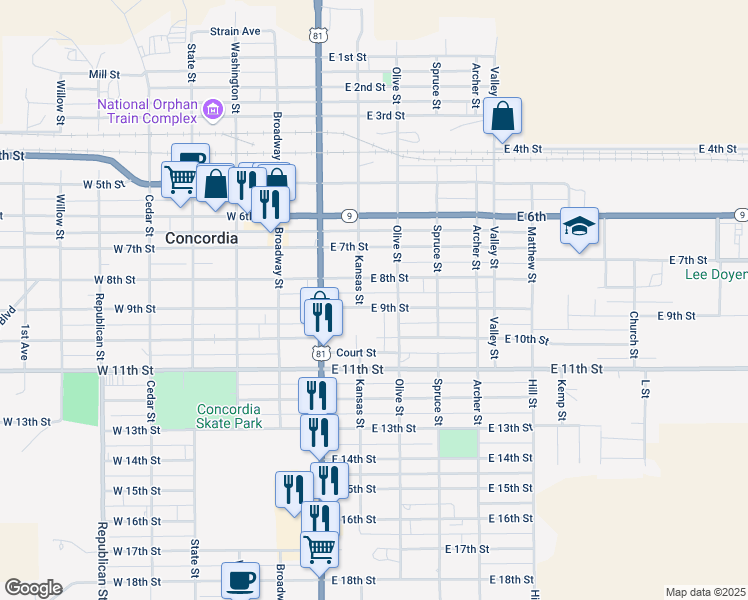 map of restaurants, bars, coffee shops, grocery stores, and more near 324 East 9th Street in Concordia