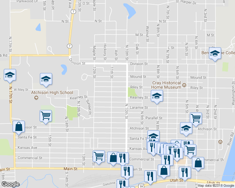 map of restaurants, bars, coffee shops, grocery stores, and more near 1029 Kearney Street in Atchison
