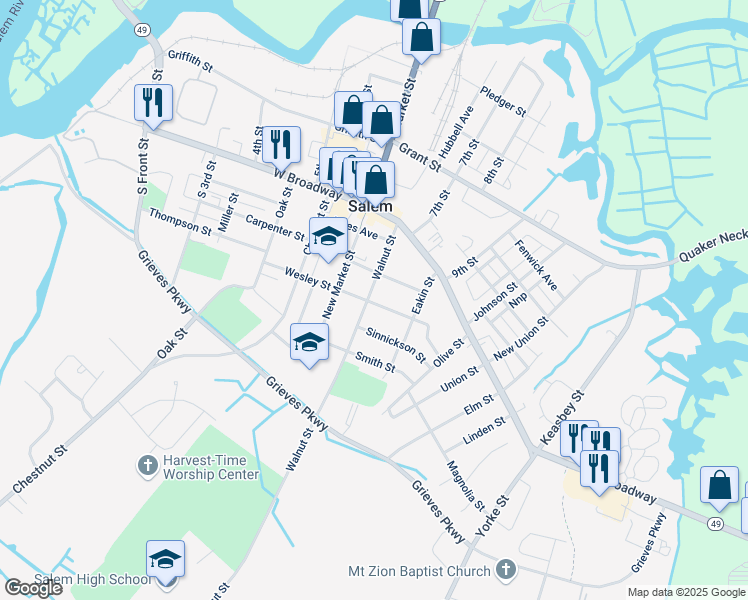 map of restaurants, bars, coffee shops, grocery stores, and more near 46 Walnut Street in Salem