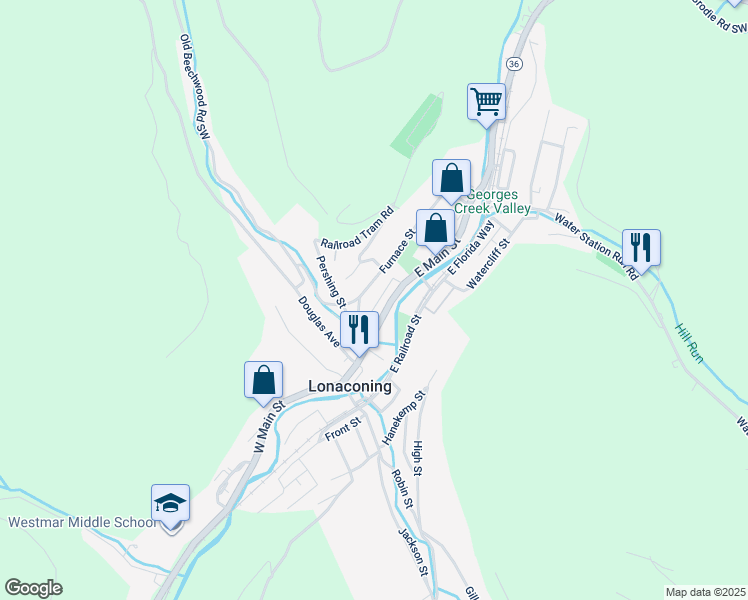 map of restaurants, bars, coffee shops, grocery stores, and more near 11 Dutch Row in Lonaconing